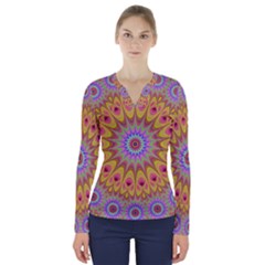 Geometric Flower Oriental Ornament V-neck Long Sleeve Top by Simbadda