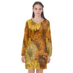 Yellow Zinnias Long Sleeve Chiffon Shift Dress  by bloomingvinedesign