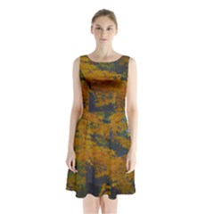 Yellow Fall Leaves And Branches Sleeveless Waist Tie Chiffon Dress by bloomingvinedesign