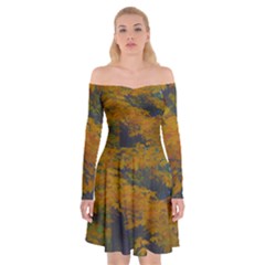 Yellow Fall Leaves And Branches Off Shoulder Skater Dress by bloomingvinedesign