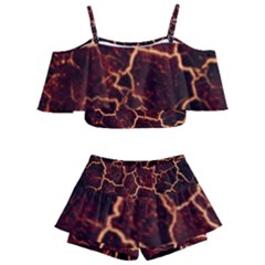 Lava Cracked Background Fire Kids  Off Shoulder Skirt Bikini by Sapixe