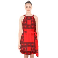 Red Sierpinski Carpet Plane Fractal Halter Collar Waist Tie Chiffon Dress by Sapixe