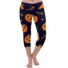 Funny Scary Black Orange Halloween Pumpkins Pattern Capri Yoga Leggings by HalloweenParty