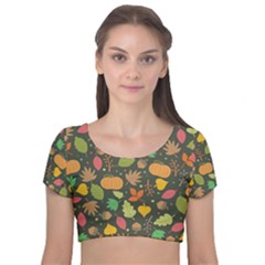 Thanksgiving Pattern Velvet Short Sleeve Crop Top  by Valentinaart