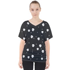 Pattern Skull Stars Halloween Gothic On Black Background V-neck Dolman Drape Top by genx