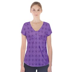 Pattern Spiders Purple And Black Halloween Gothic Modern Short Sleeve Front Detail Top by genx