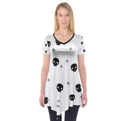 Pattern Skull Stars Handrawn Naive Halloween Gothic Black And White Short Sleeve Tunic  by genx