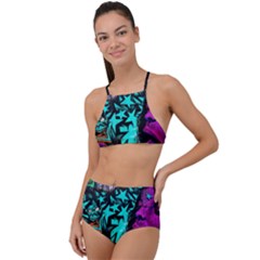 Graffiti Woman And Monsters Turquoise Cyan And Purple Bright Urban Art With Stars High Waist Tankini Set by genx