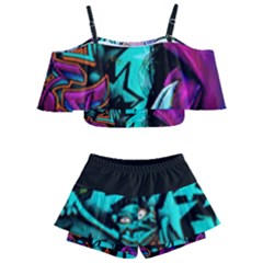 Graffiti Woman And Monsters Turquoise Cyan And Purple Bright Urban Art With Stars Kids  Off Shoulder Skirt Bikini by genx