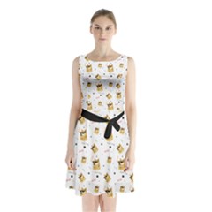 Doge Much Thug Wow Pattern Funny Kekistan Meme Dog White Sleeveless Waist Tie Chiffon Dress by snek