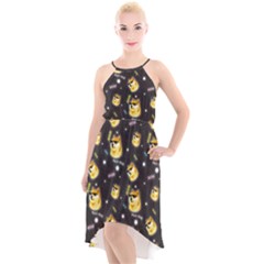 Doge Much Thug Wow Pattern Funny Kekistan Meme Dog Black Background High-low Halter Chiffon Dress  by snek