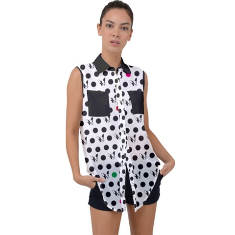 Boston Terrier Dog Pattern With Rainbow And Black Polka Dots Sleeveless Chiffon Button Shirt by genx