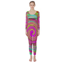 Groovy Abstract Pink, Turquoise And Yellow Swirl Long Sleeve Catsuit by myrubiogarden