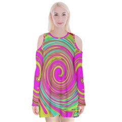 Groovy Abstract Pink, Turquoise And Yellow Swirl Velvet Long Sleeve Shoulder Cutout Dress by myrubiogarden