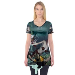 Wonderful Fmermaid With Turtle In The Deep Ocean Short Sleeve Tunic  by FantasyWorld7