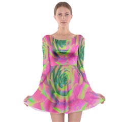 Lime Green And Pink Succulent Sedum Rosette Long Sleeve Skater Dress by myrubiogarden