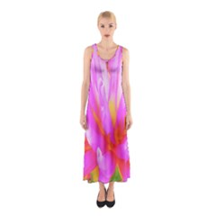 Fiery Hot Pink And Yellow Cactus Dahlia Flower Sleeveless Maxi Dress by myrubiogarden