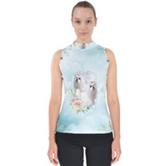 Cute Little Maltese With Flowers Mock Neck Shell Top by FantasyWorld7