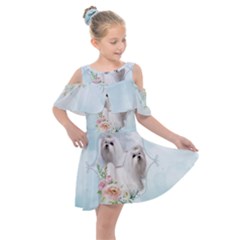 Cute Little Maltese With Flowers Kids  Shoulder Cutout Chiffon Dress by FantasyWorld7