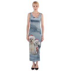 Christmas, Cute Dogs And Squirrel With Christmas Hat Fitted Maxi Dress by FantasyWorld7