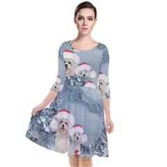 Christmas, Cute Dogs And Squirrel With Christmas Hat Quarter Sleeve Waist Band Dress by FantasyWorld7