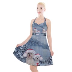 Christmas, Cute Dogs And Squirrel With Christmas Hat Halter Party Swing Dress  by FantasyWorld7