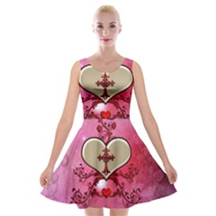 Wonderful Hearts With Floral Elements Velvet Skater Dress by FantasyWorld7