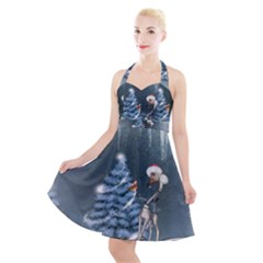 Christmas, Cute Giraffe With Bird Halter Party Swing Dress  by FantasyWorld7