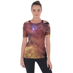 Cosmic Astronomy Sky With Stars Orange Brown And Yellow Shoulder Cut Out Short Sleeve Top by genx