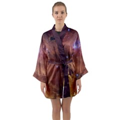 Cosmic Astronomy Sky With Stars Orange Brown And Yellow Long Sleeve Satin Kimono by genx