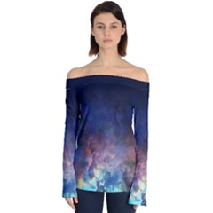 Lagoon Nebula Interstellar Cloud Pastel Pink, Turquoise And Yellow Stars Off Shoulder Long Sleeve Top by genx