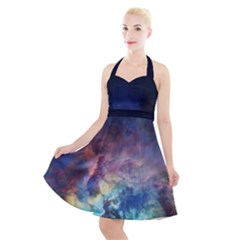 Lagoon Nebula Interstellar Cloud Pastel Pink, Turquoise And Yellow Stars Halter Party Swing Dress  by genx