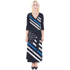 Usa Flag The Thin Blue Line I Back The Blue Usa Flag Grunge On Black Background Quarter Sleeve Wrap Maxi Dress by snek