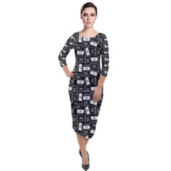 Tape Cassette 80s Retro Genx Pattern Black And White Quarter Sleeve Midi Velour Bodycon Dress by genx