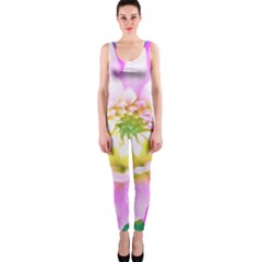 Pretty Pink, White And Yellow Cactus Dahlia Macro One Piece Catsuit by myrubiogarden