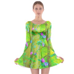 Hot Pink Abstract Rose Of Sharon On Bright Yellow Long Sleeve Skater Dress by myrubiogarden