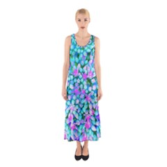 Blue And Hot Pink Succulent Sedum Flowers Detail Sleeveless Maxi Dress by myrubiogarden