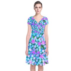 Blue And Hot Pink Succulent Sedum Flowers Detail Short Sleeve Front Wrap Dress by myrubiogarden