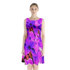 Abstract Ultra Violet Purple Iris On Red And Pink Sleeveless Waist Tie Chiffon Dress by myrubiogarden