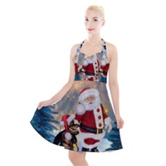 Merry Christmas, Santa Claus With Funny Cockroach In The Night Halter Party Swing Dress  by FantasyWorld7