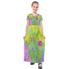 Red Rose With Stunning Golden Yellow Garden Foliage Kids  Short Sleeve Maxi Dress by myrubiogarden