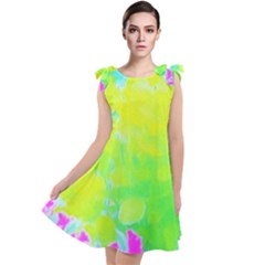 Fluorescent Yellow And Pink Abstract Garden Foliage Tie Up Tunic Dress by myrubiogarden