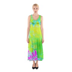 Fluorescent Yellow And Pink Abstract Garden Foliage Sleeveless Maxi Dress by myrubiogarden