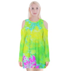 Fluorescent Yellow And Pink Abstract Garden Foliage Velvet Long Sleeve Shoulder Cutout Dress by myrubiogarden