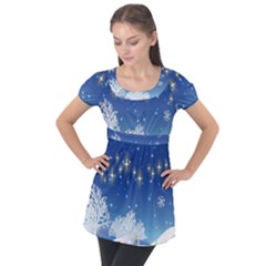 Snowflakes Snowy Landscape Reindeer Puff Sleeve Tunic Top by Wegoenart