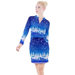 Snowflakes Snowy Landscape Reindeer Button Long Sleeve Dress by Wegoenart