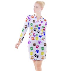 Pawprints Paw Prints Paw Animal Button Long Sleeve Dress by Wegoenart