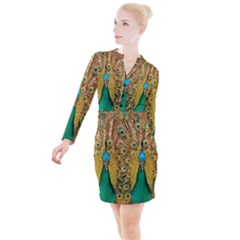 Peacock Feather Bird Peafowl Button Long Sleeve Dress by Wegoenart