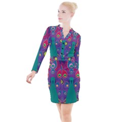 Peacock Bird Animal Feathers Button Long Sleeve Dress by Wegoenart