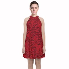 Christmas Background Red Star Velvet Halter Neckline Dress  by Simbadda